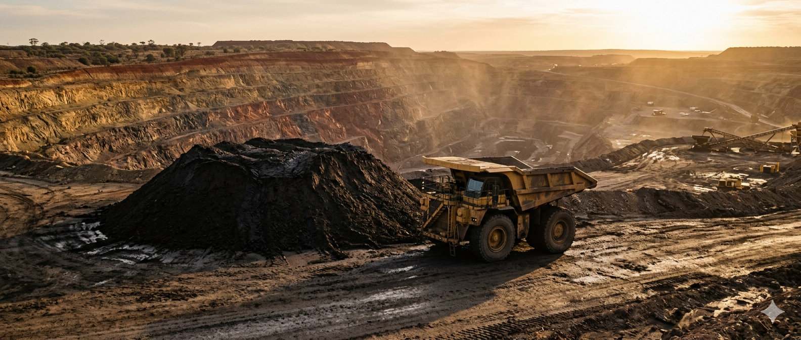 Open-pit mineral sands operation — haul truck at the pit face